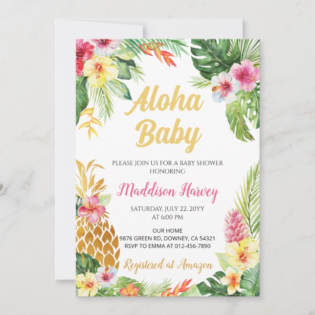 Pineapple Tropical Floral Aloha Baby Shower Invitation (Front)