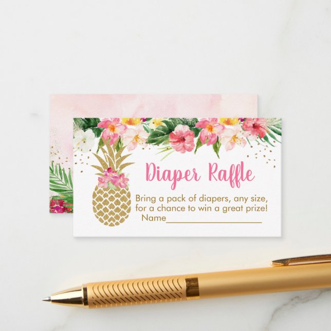 Pineapple Tropical Floral Shower Diaper Raffle Enclosure Card (Front/Back In Situ)