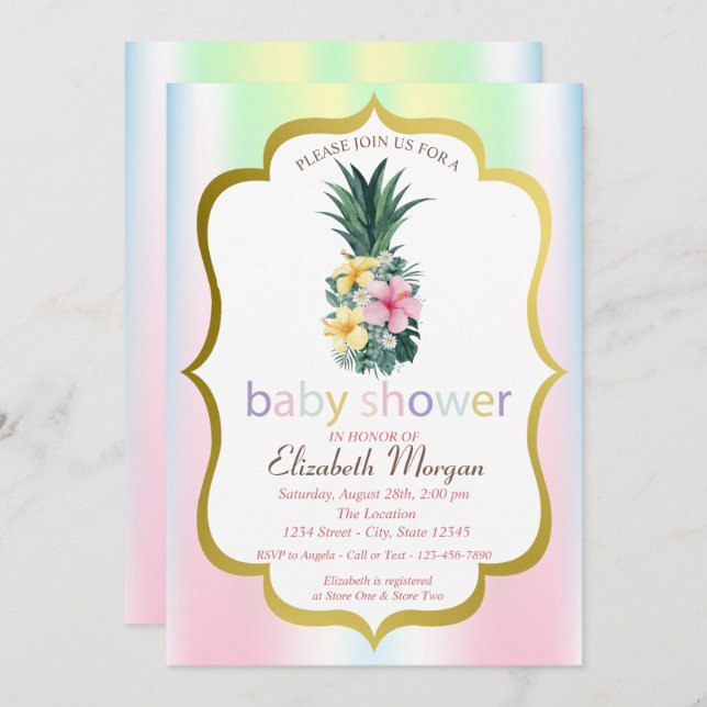 Pineapple Tropical Flowers Baby Shower Invitation (Front/Back)