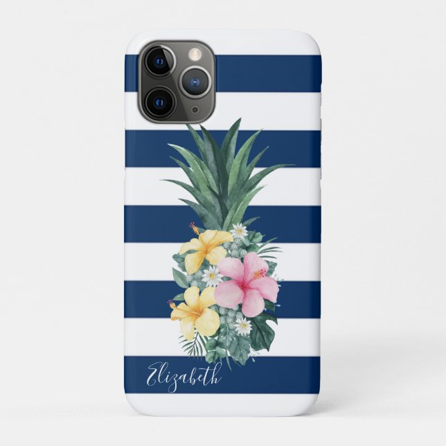 Pineapple Tropical Flowers,Navy Blue Striped Case-Mate iPhone Case (Back)