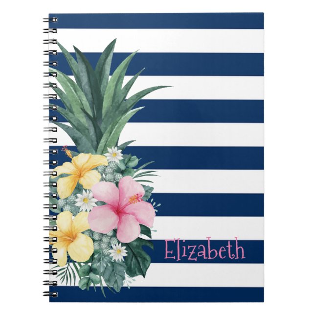 Pineapple Tropical Flowers Navy Blue Stripes Notebook (Front)