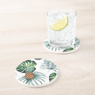Pineapple Tropical fruit & leaf watercolor pattern Coaster