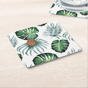 Pineapple Tropical fruit & leaf watercolor pattern Square Paper Coaster