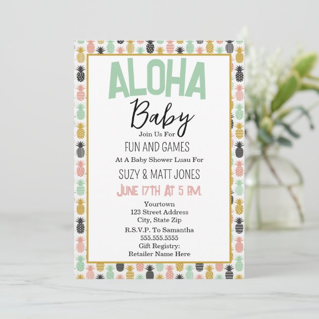 Pineapple Tropical Luau Hawaiian Aloha Baby Shower Invitation (Standing Front)