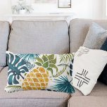 Pineapple tropical palm leaves lumbar cushion<br><div class="desc">A large tropical golden pineapple on a blue and green coloured palm tree leaves foliage pattern. White background.</div>