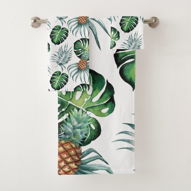 Pineapple Tropical Watercolor Jungle Palm Pattern Bath Towel Set (Insitu)