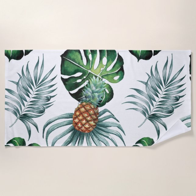 Pineapple Tropical Watercolor Jungle Palm Pattern Beach Towel (Front)