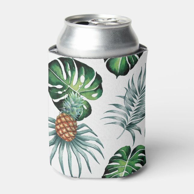 Pineapple Tropical Watercolor Jungle Palm Pattern Can Cooler (Can Front)
