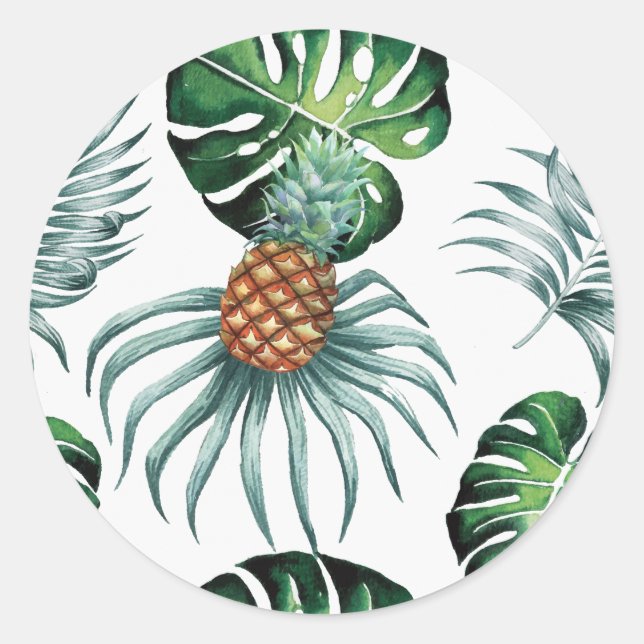 Pineapple Tropical Watercolor Jungle Palm Pattern Classic Round Sticker (Front)
