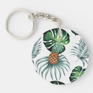 Pineapple Tropical Watercolor Jungle Palm Pattern Key Ring