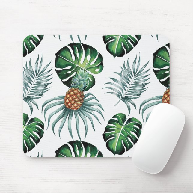 Pineapple Tropical Watercolor Jungle Palm Pattern Mouse Mat (With Mouse)