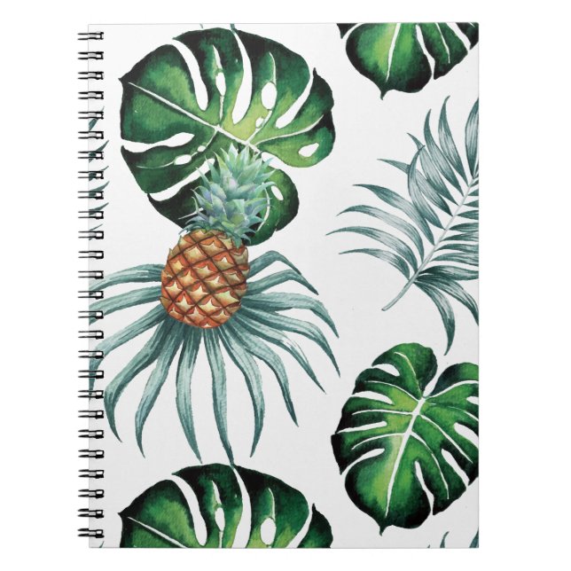Pineapple Tropical Watercolor Jungle Palm Pattern Notebook (Front)