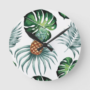 Pineapple Tropical Watercolor Jungle Palm Pattern Round Clock