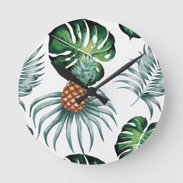 Pineapple Tropical Watercolor Jungle Palm Pattern Round Clock (Front)