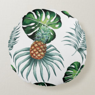 Pineapple Tropical Watercolor Jungle Palm Pattern Round Cushion