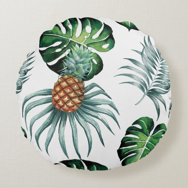 Pineapple Tropical Watercolor Jungle Palm Pattern Round Cushion (Front)