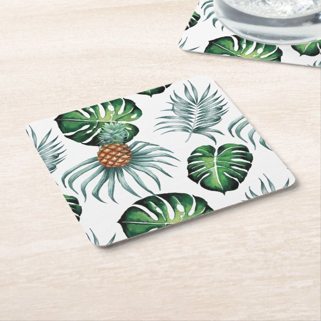 Pineapple Tropical Watercolor Jungle Palm Pattern Square Paper Coaster (Angled)