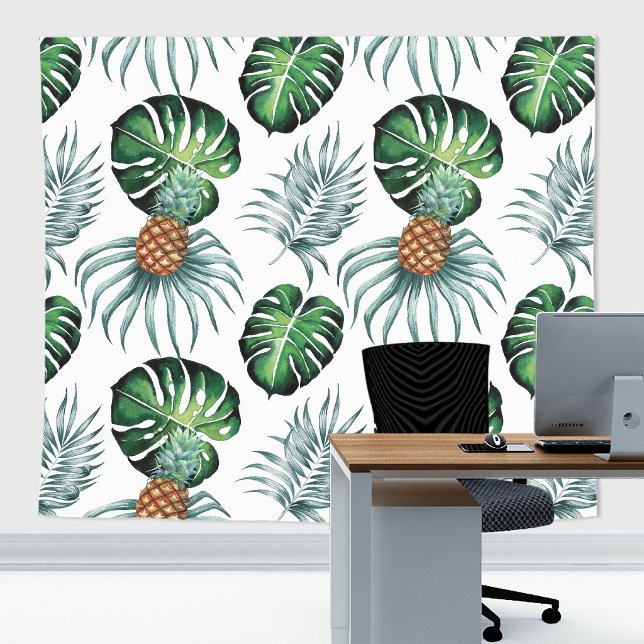 Pineapple Tropical Watercolor Jungle Palm Pattern Tapestry (Pineapple zoom and home decor backdrop tapestry)