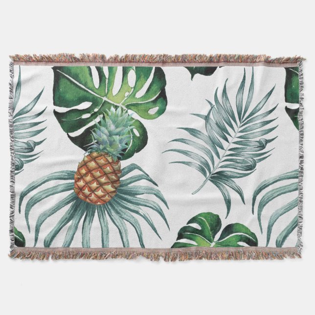 Pineapple Tropical Watercolor Jungle Palm Pattern Throw Blanket (Front)