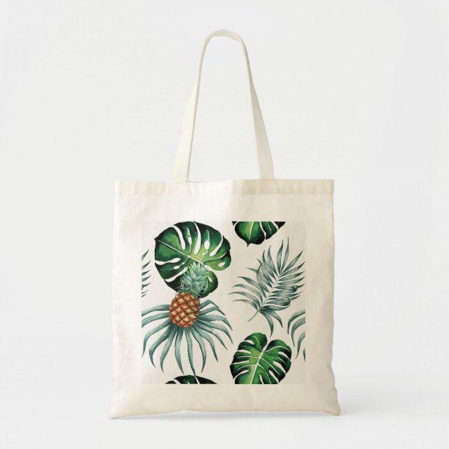 Pineapple Tropical Watercolor Jungle Palm Pattern Tote Bag (Front)