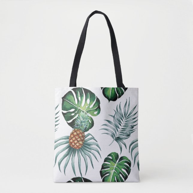 Pineapple Tropical Watercolor Jungle Palm Pattern Tote Bag (Front)