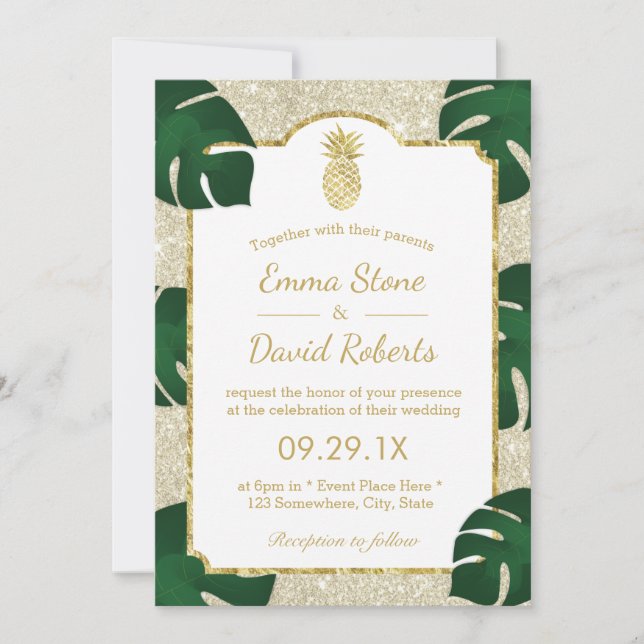 Pineapple Tropical Wedding Elegant Ivory Glitter Invitation (Front)