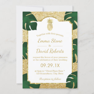 Pineapple Tropical Wedding Modern Gold Glitter Invitation