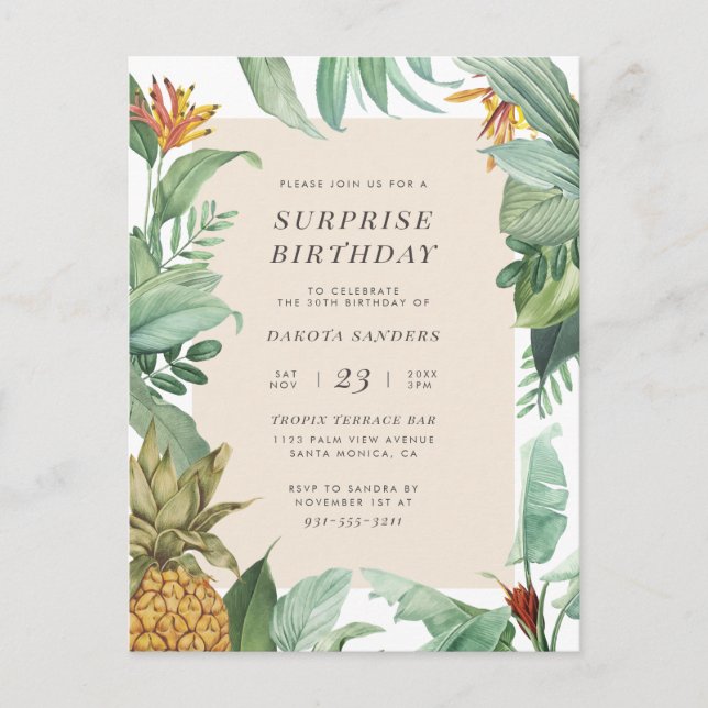 Pineapple Tropics | Floral Surprise Birthday Party Invitation Postcard (Front)