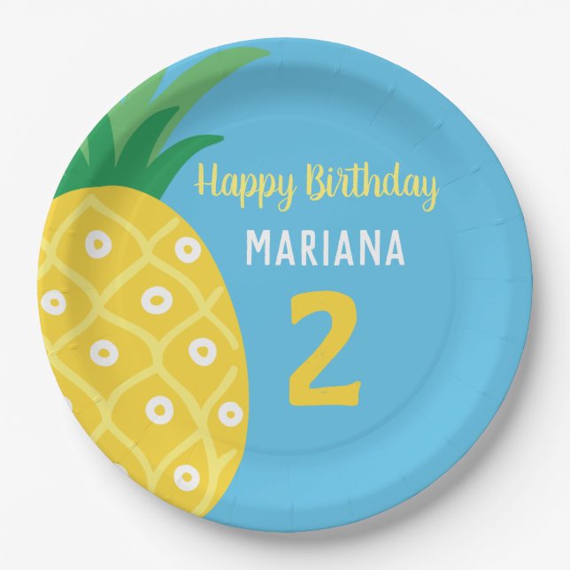 Pineapple Tutti Frutti Fruit Blue Birthday Party Paper Plate (Front)