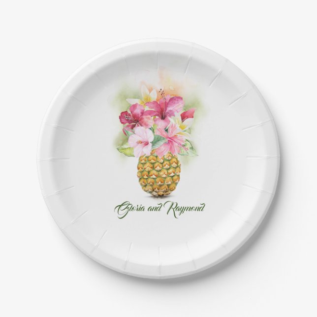 Pineapple Vase Tropical Floral Beach Wedding Paper Plate (Front)