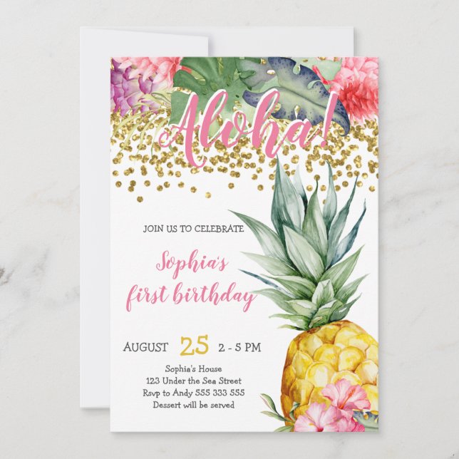 Pineapple Watercolor Aloha Luau Birthday Invitation (Front)