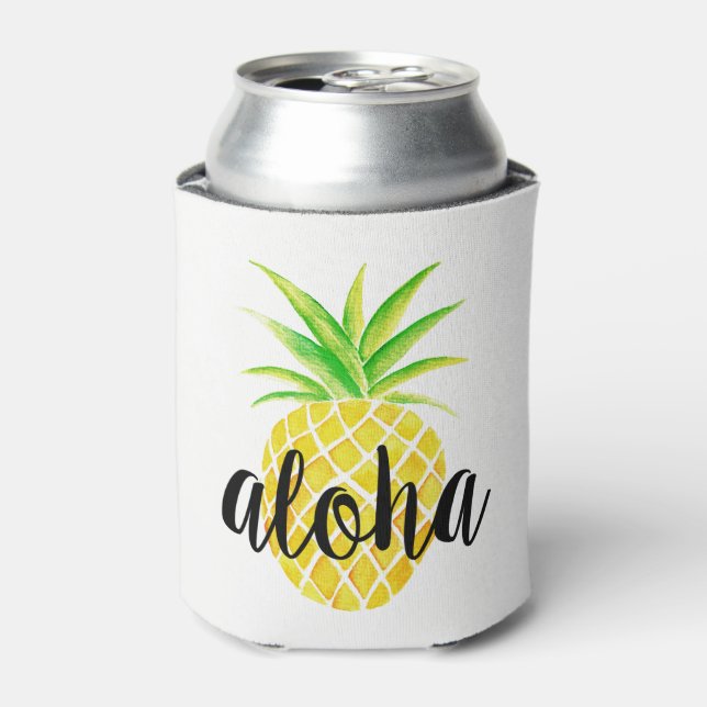 Pineapple Watercolor Aloha Tropical Monogram Can Cooler (Can Front)