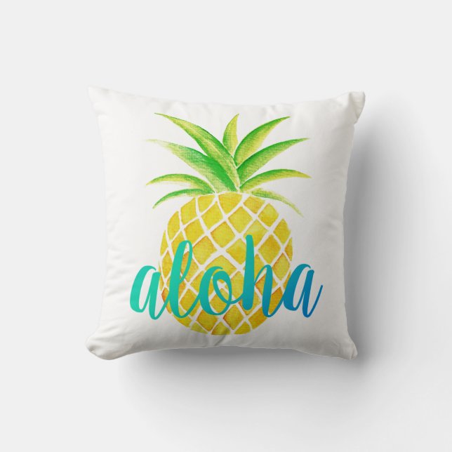 Pineapple Watercolor Aloha Tropical Turquoise Cushion (Front)