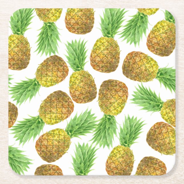 Pineapple watercolor pattern square paper coaster (Front)