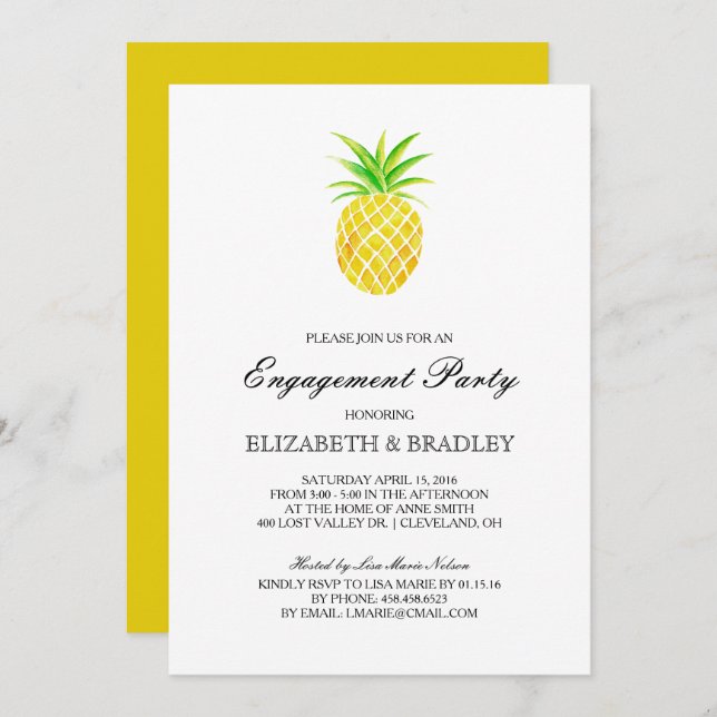 Pineapple Watercolor Tropical Engagement Party Invitation (Front/Back)