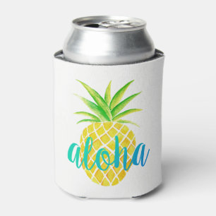 Pineapple Watercolor Tropical Monogram Turquoise Can Cooler