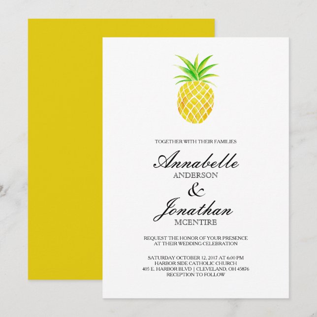 Pineapple Watercolor Tropical Wedding Invitation (Front/Back)