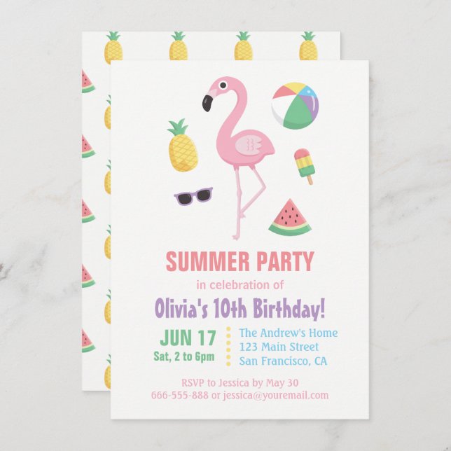 Pineapple Watermelon Flamingo Kids Birthday Party Invitation (Front/Back)