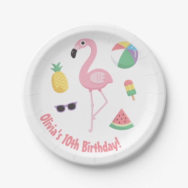 Pineapple Watermelon Pink Flamingo Party Supplies Paper Plate (Front)