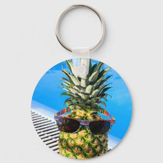 Pineapple wearing sunglasses at swimming pool key ring (Front)