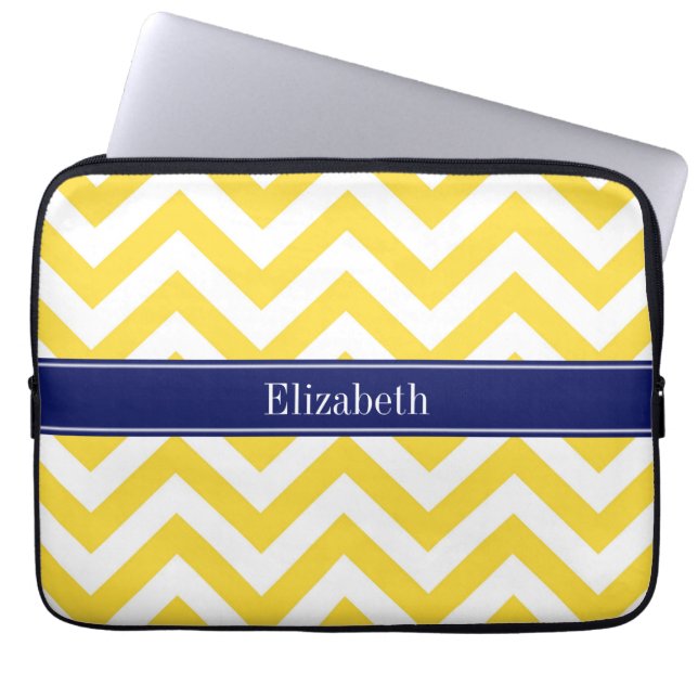 Pineapple White LG Chevron Navy Blue Name Monogram Laptop Sleeve (Front)