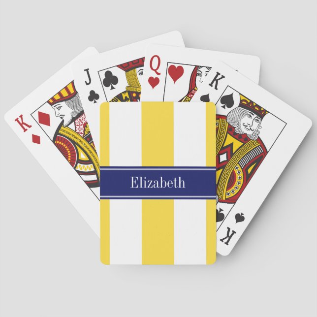 Pineapple White XL Stripes, Navy 5c Name Monogram Playing Cards (Back)