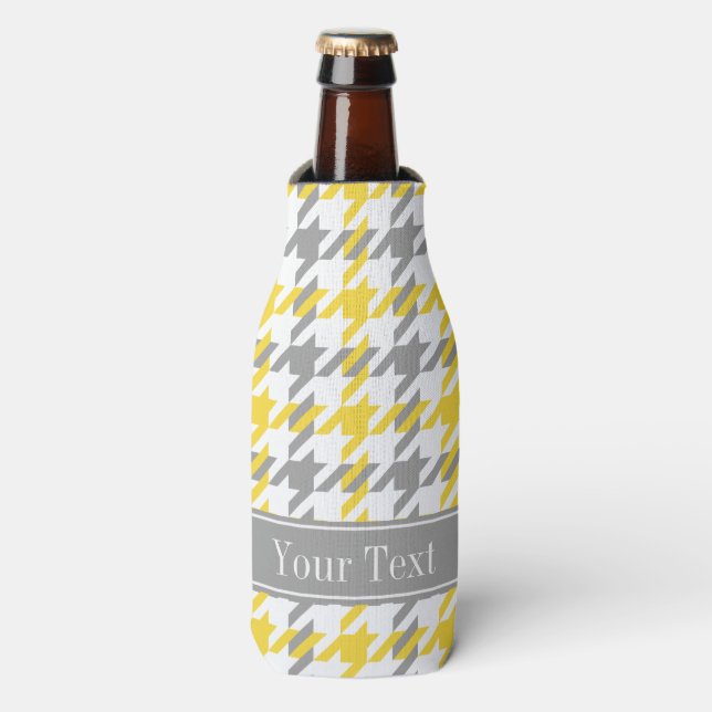 Pineapple Wht Dk Grey Houndstooth Name Monogram Bottle Cooler (Bottle Front)
