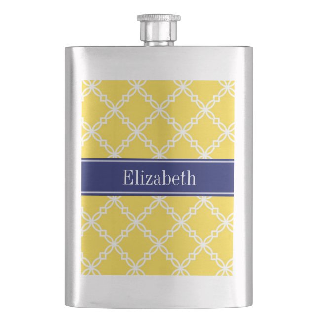 Pineapple Wht Fancy Quatrefoil Navy Name Monogram Hip Flask (Front)
