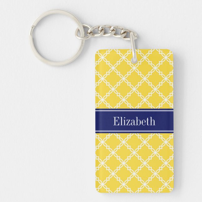 Pineapple Wht Fancy Quatrefoil Navy Name Monogram Key Ring (Front)