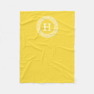 Pineapple Wht Greek Key Rnd Frame Initial Monogram Fleece Blanket