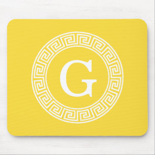 Pineapple Wht Greek Key Rnd Frame Initial Monogram Mouse Mat