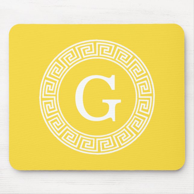 Pineapple Wht Greek Key Rnd Frame Initial Monogram Mouse Mat (Front)