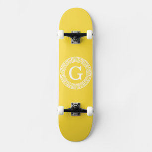 Pineapple Wht Greek Key Rnd Frame Initial Monogram Skateboard