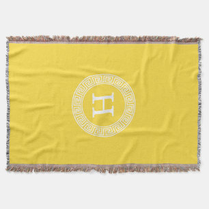 Pineapple Wht Greek Key Rnd Frame Initial Monogram Throw Blanket